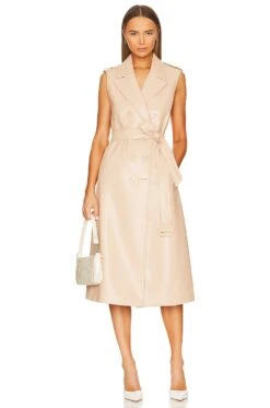 Alice + Olivia Conan Faux Leather Long Vest Belted Dress Almond