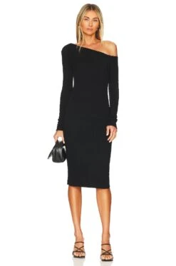 Sweater Knit Slouch Shoulder Dress Black