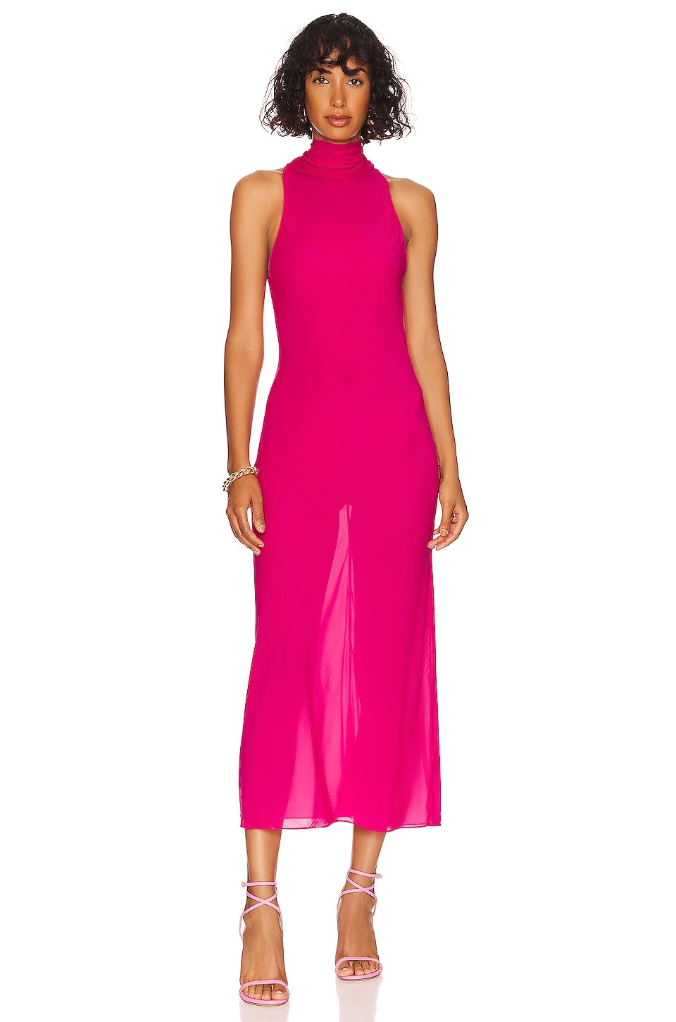 Sheer Turtleneck Slip Dress Fuchsia Pink