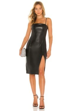 Faux Leather Thin Strap Square Neck Dress Black