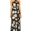 Lace Halter Maxi Dress Blurred Roses Black Multi