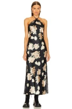 Lace Halter Maxi Dress Blurred Roses Black Multi